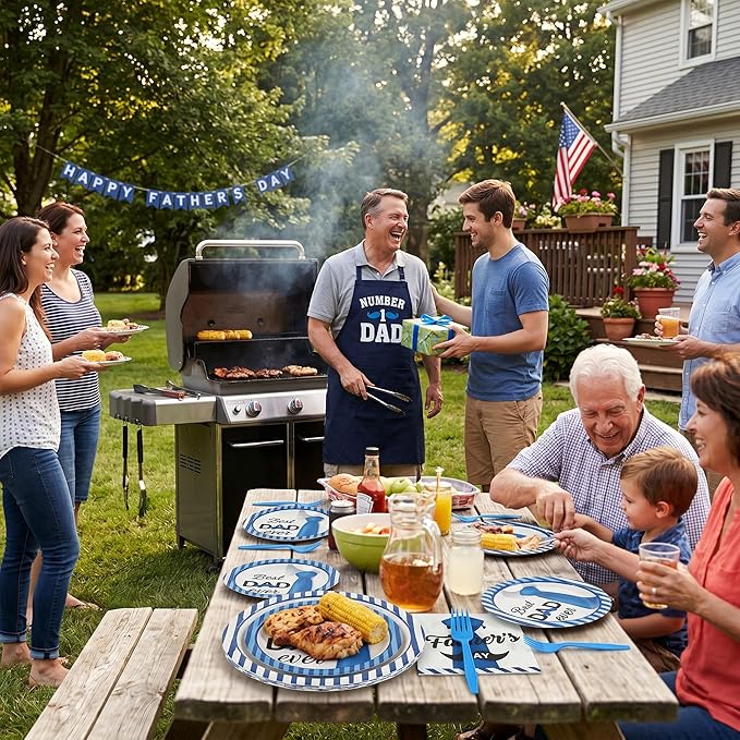 100 Pcs Father's Day Party Supplies for 25 Guests, Heavy-Duty 7" & 9" Paper Plates, 2-Ply 13" Napkins & Plastic Forks, Disposable Tie Theme Tableware Set for Dad BBQ Dinner Party
