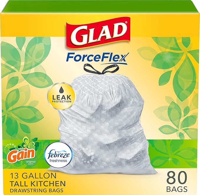 Glad ForceFlex Tall Kitchen Drawstring Trash Bags,13 Gal,Gain Original,80 Ct (Package May Vary),(Pack of 3)