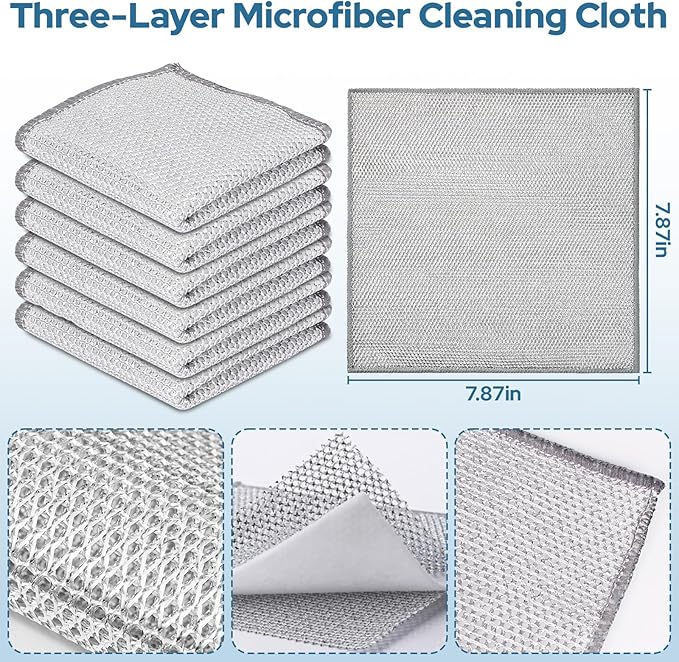 6PCS Three Layer Steel Wire Dishcloth, Multi-Functional Non-Scratch Wire Dishcloth, Wet and Dry Cleaning Rags, Stainless Steel Cleaning Cloth, Kitchen Rags for Cookware, Plates, Stove Tops