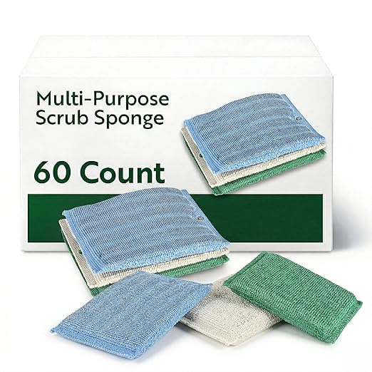 Restaurantware Scouring Pad 60 Count 5.5 x 3.9 Inches Plastic Steel Wool Sponge Metal Scrubber Durable Odor Free Scrubber Multi-Color Blue+Beige+Green Household Cleaning Sponge