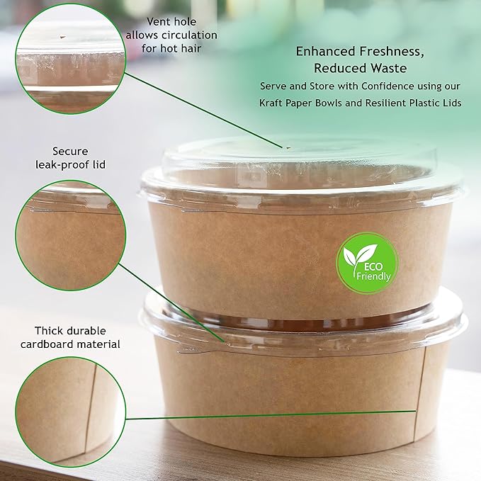 Disposable Bowls with Lid | Meal Prep Paper Bowls | To Go Salad Ramen Food Containers with Lids (17 oz - 25 Sets)