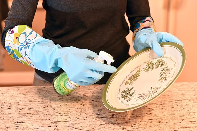 Finnhomy Household Gloves Latex free cleaning Gloves with soft fiber lining extra long cuff 15" and Vinyl Textured Grip 2 PairSmall, Mixed