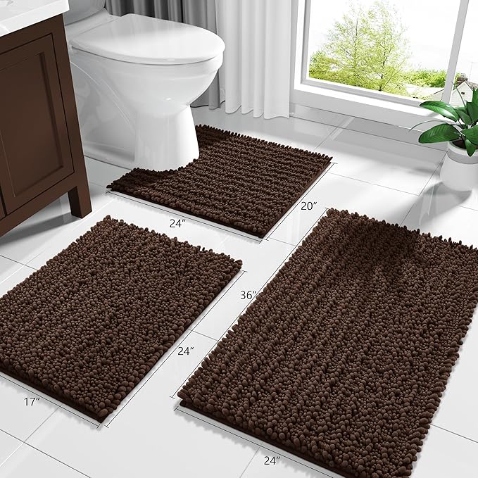 Yimobra Bathroom Rugs Non Slip Washable - Ultra Soft Absorbent Chenille Bath Mat, Quick Dry Shaggy Floor Carpet for Tub Shower, Brown Home Decor Accessories, 24x17 Inch