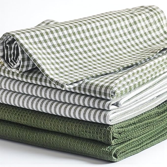 Cotton Dish Towels For Kitchen Drying - Highly Absorbent Sage Green Striped Gingham Plaid Tea Towels - 18"X28" Set Of 6 Farmhouse Linen Dishtowels In Bulk - Pano De Prato Para Cozinha - T Towles Towls