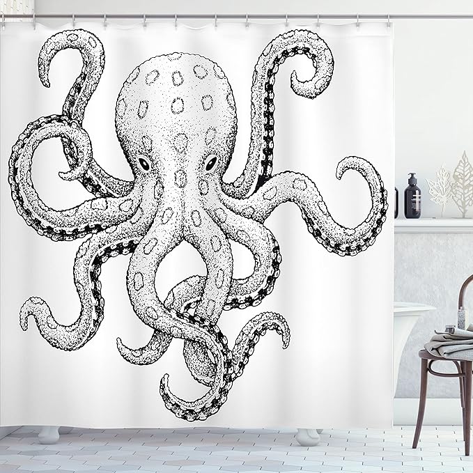 Ambesonne Octopus Shower Curtain, Sketch Style Print of Deadly Blue Ringed Octopus Camouflage Marine Animal Aquatic, Cloth Fabric Bathroom Decor Set with Hooks, 69" W x 84" L, Black Ecru
