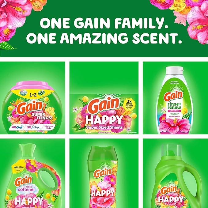 Gain Super Flings Laundry Detergent Pacs, 18 Count, Hibiscus Hula scent, irresistibly clean and fresh washing detergent laundry soap pacs