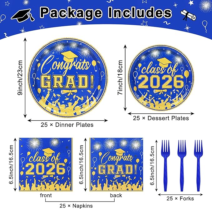 100 Pcs Graduation Plates and Napkins, 2026 Blue Gold Graduation Disposable Plates and Napkins Party Supplies Set Serves 25, Blue Gold Disposable Dinnerware Set for 2026 Decorations Grad Party