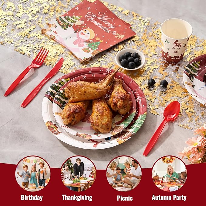 Fijinhom Christmas Paper Plates Set, 350 PCS Santa Gifts and Snowman Party Supplies, Disposable Dinnerware Set for 50 Guests, Paper Plates Napkins Cups for Christmas Eve
