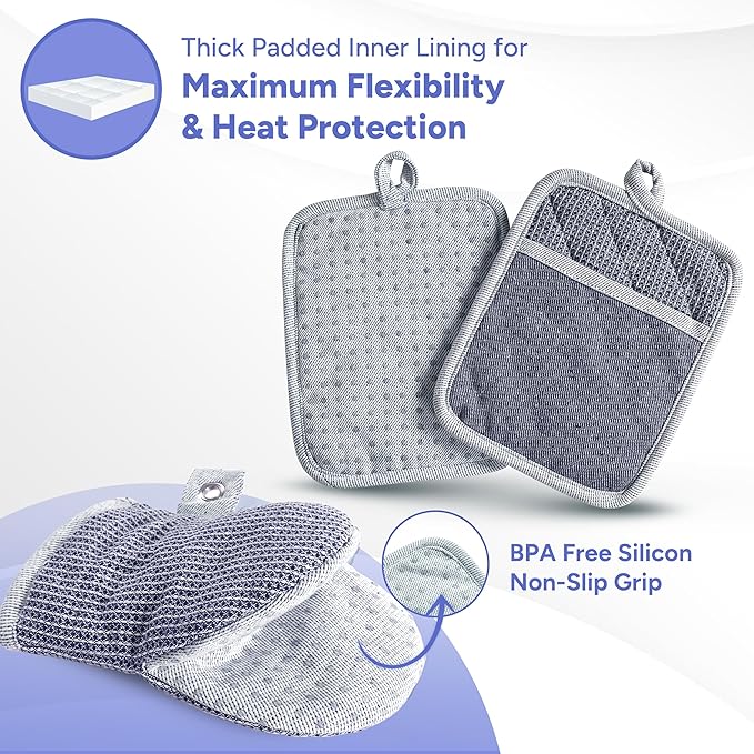 Casa Platino Mini Oven Mitts Set, 8-Piece – 500°F Heat Resistant Silicone Oven Mitt, Potholders for Kitchens, 2 Kitchen Towels & 2 Dish Cloths – Non-Slip & Durable – Indigo