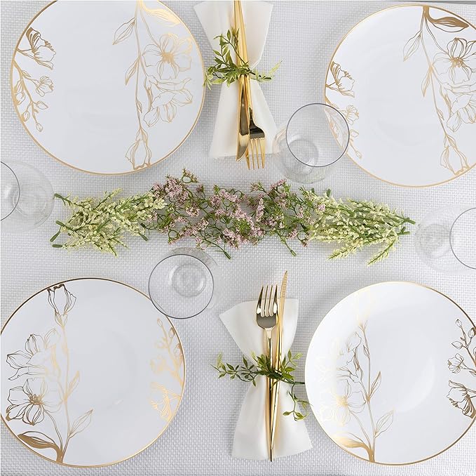 [7'' Plates 40 Count] White Plastic Floral Design Party Plates With Gold Rim Premium heavyweight Elegant Disposable Tableware Dishes