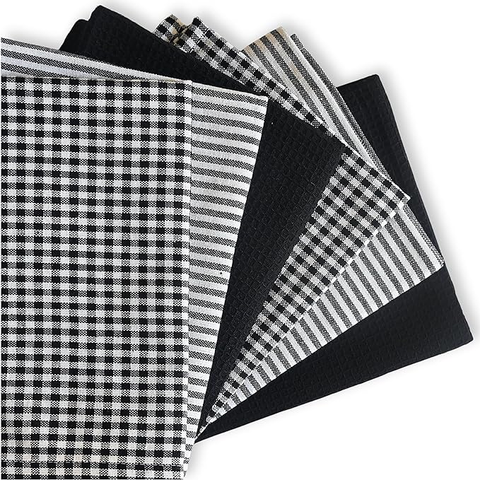 Cotton Dish Towels For Kitchen Drying - Highly Absorbent Black Striped Gingham Plaid Tea Towels - 18"X28" Set Of 6 Farmhouse Linen Dishtowels In Bulk - Pano De Prato Para Cozinha - T Towles Towls