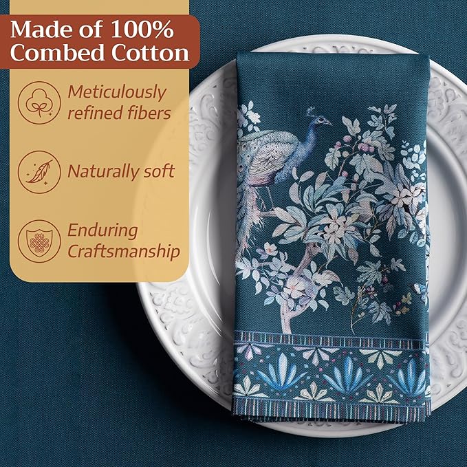 Maison d' Hermine Napkin 100% Combed Cotton Premium 20"x20" Decorative Washable Table Cloth Napkins Set of 4 for Dining, Holidays, Buffet & Wedding Use Campagne - Peacock Utopia - Deep Sea