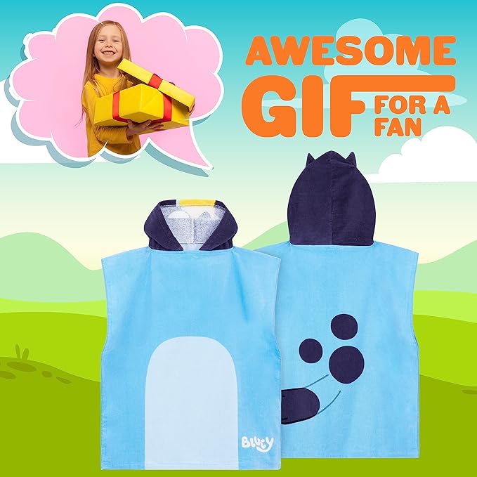 Bluey Kids Changing Robe, Hooded Towel Poncho for Boys Girls, Soft Absorbent Cotton Wearable Towel for Swim Surf Bath Beach Cover Up, Gifts for Kids (Blue/Navy)