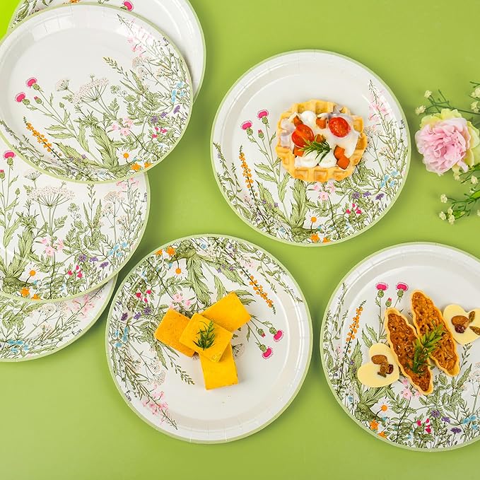 AimFun Wildflower Party Plates 9" Floral Paper Plates Botanical Green Leaves Herbs Disposable Flower Party Supplies Spring Summer Vintage Garden Decorative Dinner Dessert Plates