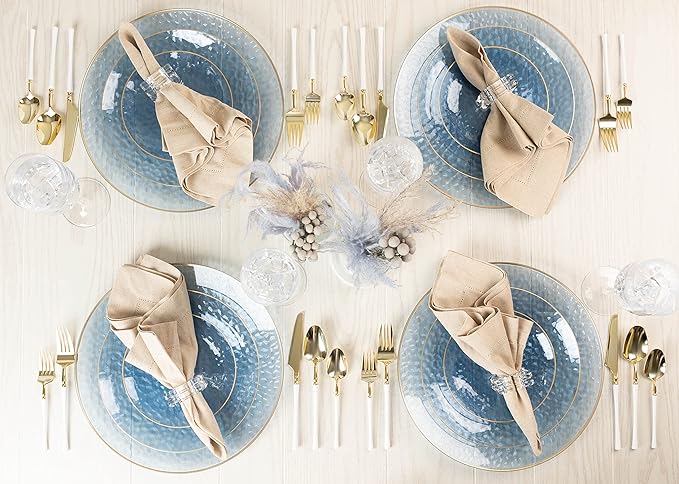 PLASTICPRO 30 Pack Hammered Plastic Plates Heavyweight Disposable Plastic Plates Elegant Clear Hammered Rim Platsic Party Dishes (Blue With Gold Rim, 7'' INCH PLATES)
