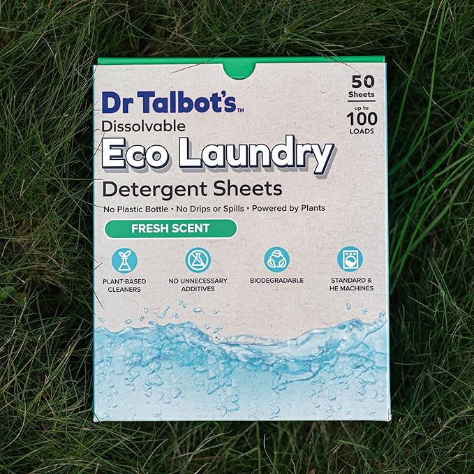 Dr. Talbot's Eco Laundry Detergent Sheets – Fresh Scent, Plant-Based, Biodegradable, No Harsh Additives, Dissolvable for Standard & HE Machines, 50 Sheets (Up to 100 Loads), Travel & Eco-Friendly