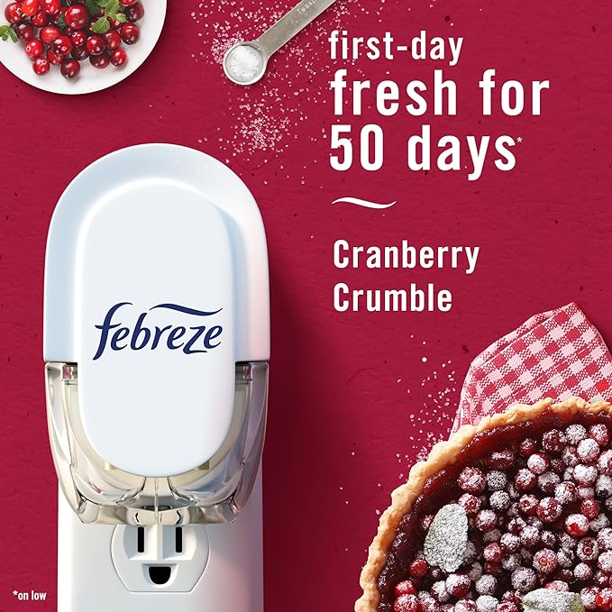 Febreze Plug In Air Freshener, Odor-Fighting Scented Oil Refill, Air Fresheners for Home and Bathroom and Kitchen, Long Lasting for Strong Odors, Cranberry Crumble Scent, 0.87oz Refills, 2 Count