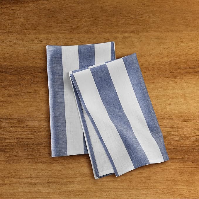 Solino Home Navy and White Linen Kitchen Towels Set of 2-100% Pure Linen 17 x 26 Inch Cabana Stripe Tea Towels with Hanging Loop - European Flax Kitchen Dish Cloth - Quick Dry & Machine Washable