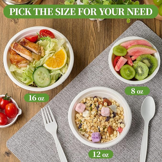 ECOLipak 300 Pack Compostable Paper Bowls, 8 oz Heavy-Duty Disposable Biodegradable Soup Bowls Made of Natural Bagasse, Suitable for Soup, Ice Cream, Salad, Dessert, Milk