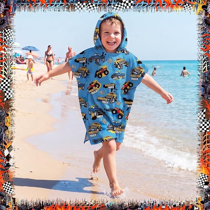 Fanfanwin 2 Pack Monster Truck Themed Bath Towel Beach Hooded Bath Towel 37.8x23.62 Inches Monster Truck Poncho with Snap Buttons Hood Soft Microfiber Rapid Dry for Beach, Pool, Swim, Travel, Home Use