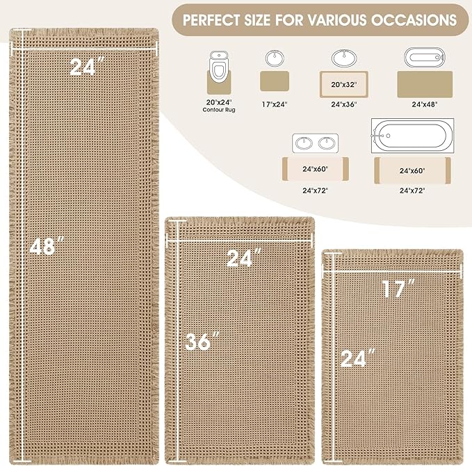 Upgraded Waffle Bath Mat Set 3 Piece Beige-Bordered, Super Absorbent Non-Slip Quick Dry Bathroom Rugs with Tassels, Machine Washable Ultra Soft Boho Bath Rugs for Floor, Bath Mats Boho Farmhouse Decor