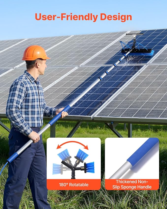 VEVOR Solar Panel Cleaning Kit, 33 ft, Water Fed Pole Kit with Cleaning Brush, Squeegee, Soap Dispenser, Extendable Aluminum Telescopic Pole, 180° Rotatable Brush Head, for Roof Mounted Solar Panels