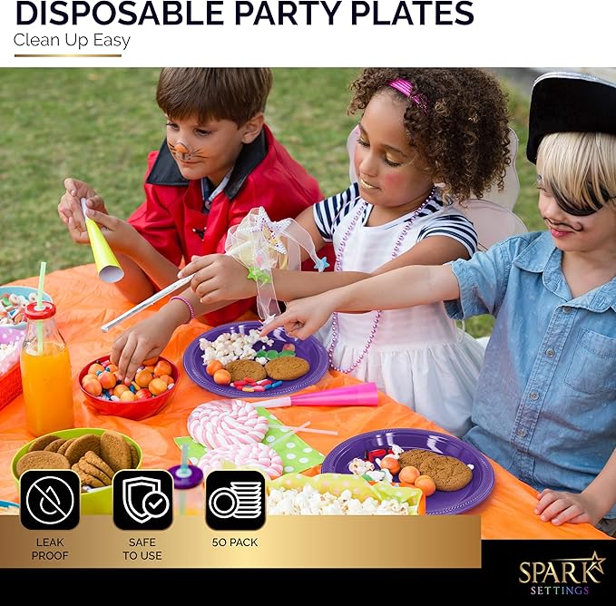 Amcrate Disposable Plastic Plates Purple, 10.4 Inches Plastic Dinner Plates, Strong and Sturdy Disposable Plates for Party, Dinner, Holiday, Picnic, or Travel Party Plates, Pack of 50