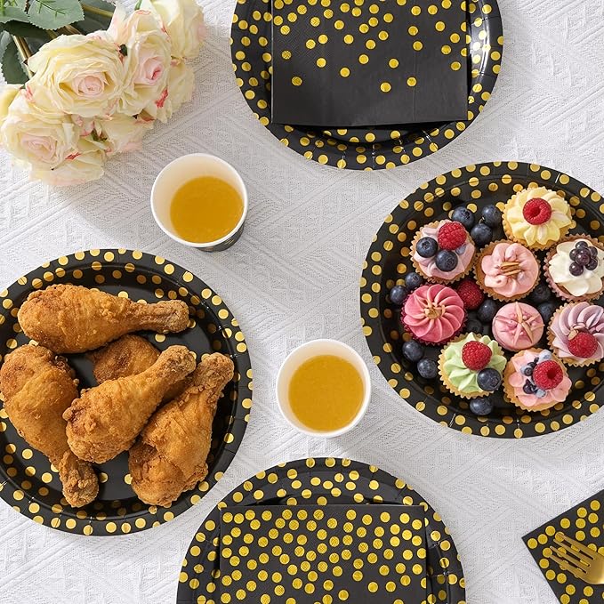 Fijinhom Black and Gold Dot Paper Plates Set, 175 PCS Party Supplies, Disposable Dinnerware Set for 25 Guests, Gold Dot Paper Plates Napkins Cups Gold Plastic Forks Knives Spoons for Wedding Festival