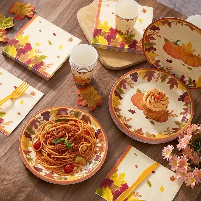 Fijinhom Fall Party Paper Plates Set, 350 PCS Thanksgiving Party Supplies, Disposable Dinnerware Set for 50 Guests, Fall Maple Leaves Pumpkins Paper Plates Napkins Cups for Christmas