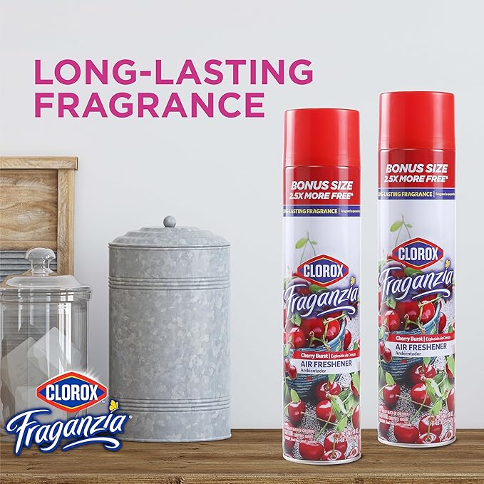Clorox Fraganzia Aerosol Air Freshener Spray in Cherry Burst Scent - Long-Lasting Odor Eliminator and Room Freshener for Home, Bathroom, Bedroom, and Kitchen, 20 oz Bonus Size