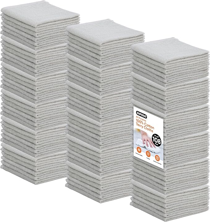 Superio Cotton Terry Washcloths Grey Towels 100% Cotton Cleaning Cloth 16" Rags Wash Clothes for Body and Face, Spa Towels, Multi Purpose (16"x16"), 108 Pack