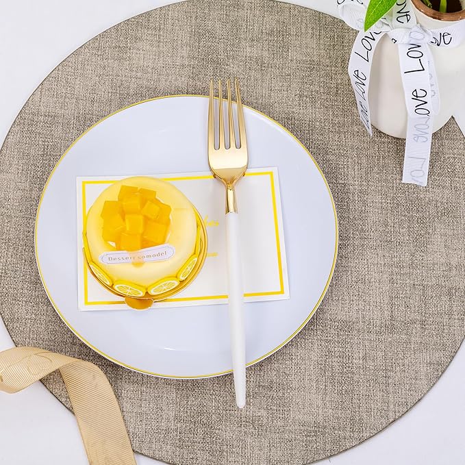 LIYH 96 Pcs White Gold Dessert Plates with Dessert Forks, 48 Plates and 48 Forks, Gold Cake Appetizer Plastic Disposable Plates for Tea Parties, Birthdays, Wedding, Mother's Day