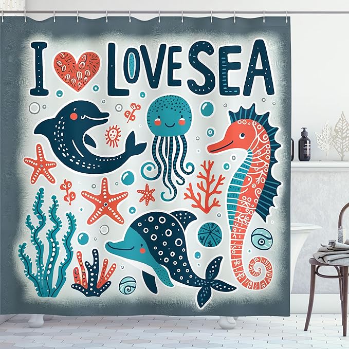 Ambesonne Nautical Shower Curtain, I Love Sea Lettering Happy Ocean Scenario Seahorse Dolphin Jellyfish Funny, Cloth Fabric Bathroom Decor Set with Hooks, 69" W x 75" L, Blue Coral Coconut