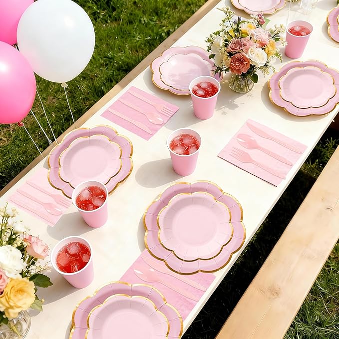 Pink Paper Plates and Napkins Party Supplies for 50 Guest, 350Pcs Pink Scalloped Mother's Day Party Plate with Gold Rim, Pink Disposable Plates Set for Girls Birthday Party Baby Shower Gender Reveal