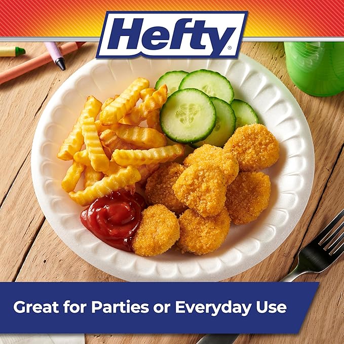 Hefty Everyday Soak Proof Disposable Foam Plates, 8.9 Inches, 100 Count, Disposable White Plates for Lunch, Salads, and Appetizers, Great for Everyday Use, Easy Cleanup