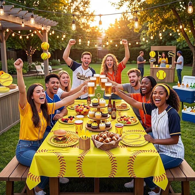 100 Pcs Softball Party Supplies for 25 Guests, Heavy-Duty 7" & 9" Paper Plates, 2-Ply 13" Napkins & Plastic Forks, Disposable Softball Themed Tableware Set for Game Day and Birthday