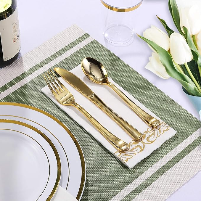 FOCUSLINE 175 Count Gold Dinnerware Set for 25 Guests - Gold Rimmed White Disposable Plastic Plates Heavy Duty, Includes 25 Dinner & Salad Plates, Cups, Cutlery Set for Wedding Parties