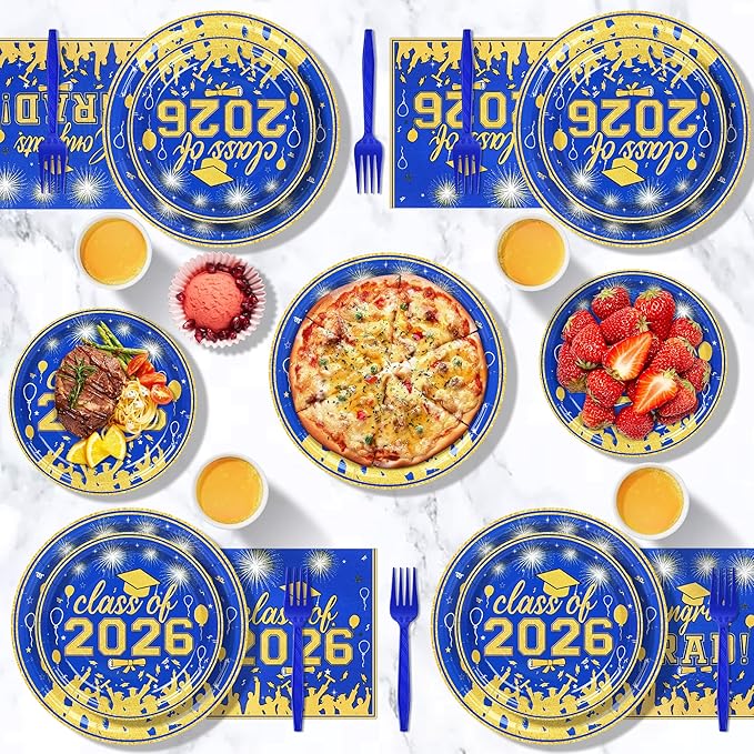 100 Pcs Graduation Plates and Napkins, 2026 Blue Gold Graduation Disposable Plates and Napkins Party Supplies Set Serves 25, Blue Gold Disposable Dinnerware Set for 2026 Decorations Grad Party