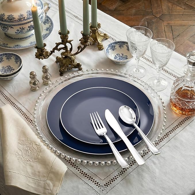KIRE 200PCS Blue Plastic Plates with Silver Rim - Navy Blue Plastic Plates Include 100 Dinner & Dessert Plate - Heavy Duty Dark Blue Disposable Plate for Graduation/Parties/Memorial Day/Father's Day