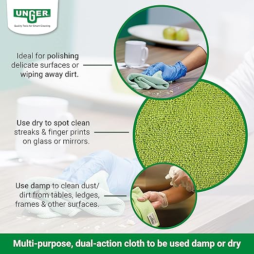 Unger Commercial MicroWipe™ 200 Ultralite Microfiber Cleaning Cloth, 16" x 16", Green, 10-Pack – Ideal for Light-Duty Dusting and Damp Cleaning ME400