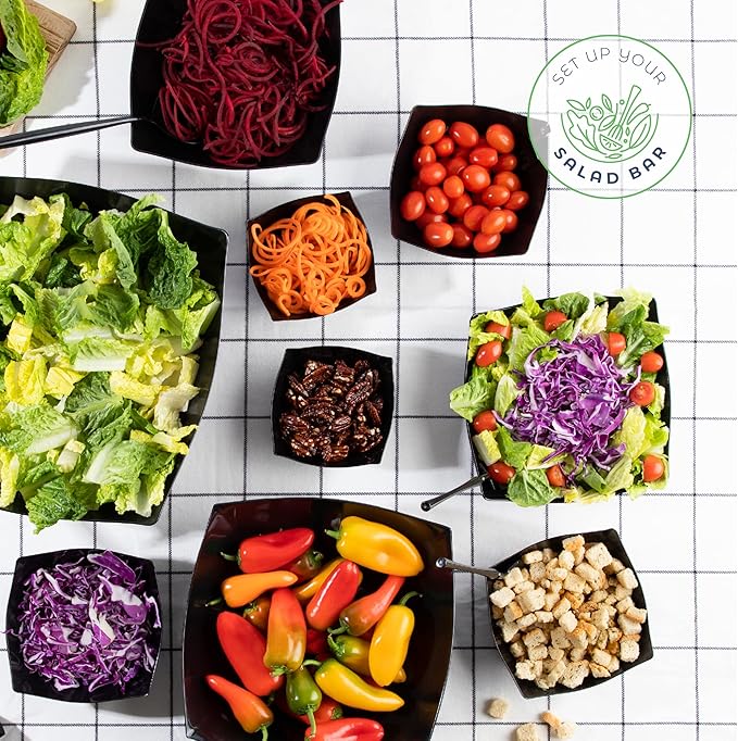 PLASTICPRO Disposable Square Serving Bowls, Party Snack or Salad Bowl, Plastic Black Pack of 4, 16 OUNCE, Black