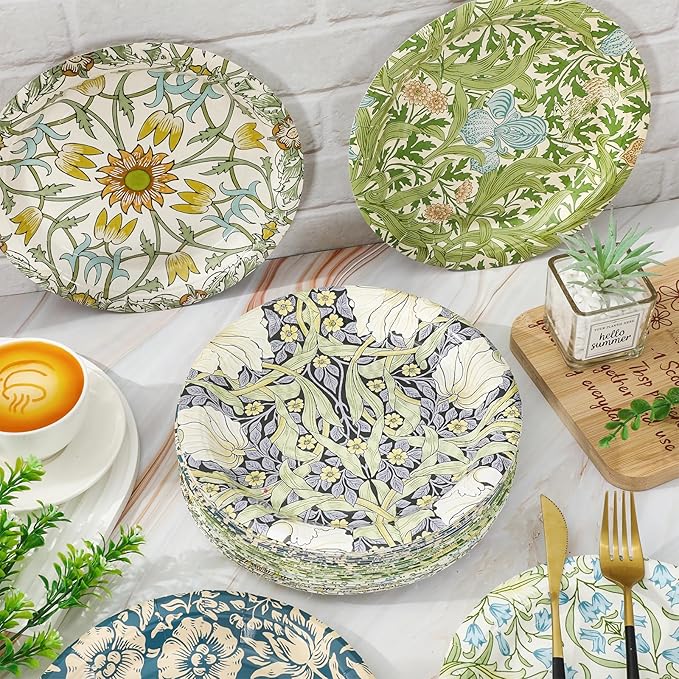 60 Pcs Vintage Wildflower Paper Plates Disposable Plates 9 Inch Green Blue Floral Decorative Dessert Plate for Spring Party Tableware Supplies Table Decor, 6 Designs