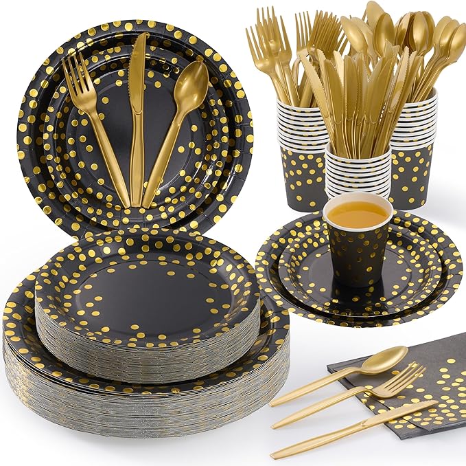 Fijinhom Black and Gold Dot Paper Plates Set, 175 PCS Party Supplies, Disposable Dinnerware Set for 25 Guests, Gold Dot Paper Plates Napkins Cups Gold Plastic Forks Knives Spoons for Wedding Festival