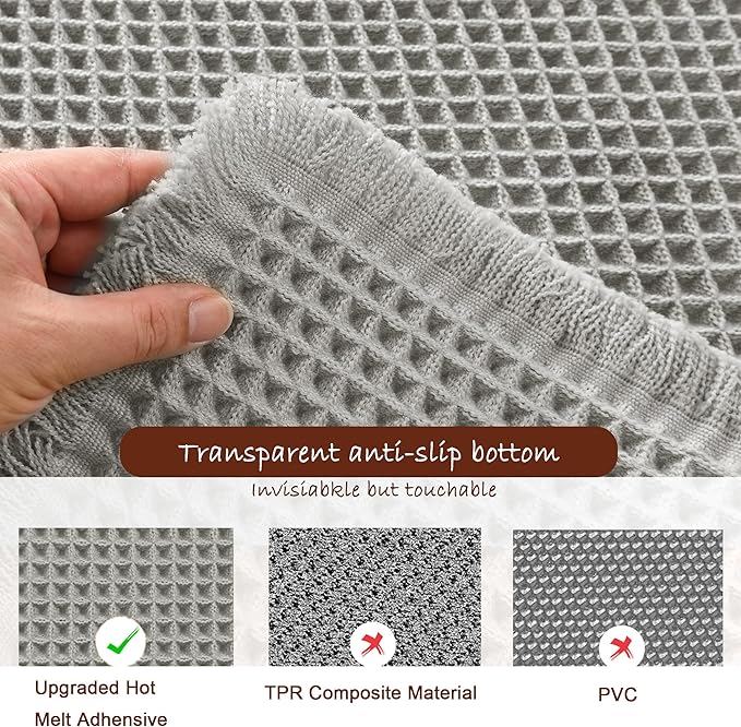 DWCN Set of 2 Waffle Bathroom Mats, Non Slip Bath Rug Set for Bathroom Floor, Super Absorbent Shower Mats for Tub, Washable Kitchen Rugs for Farmhouse Boho Home Decor, 16" x 24" Plus 24" x 60", Grey
