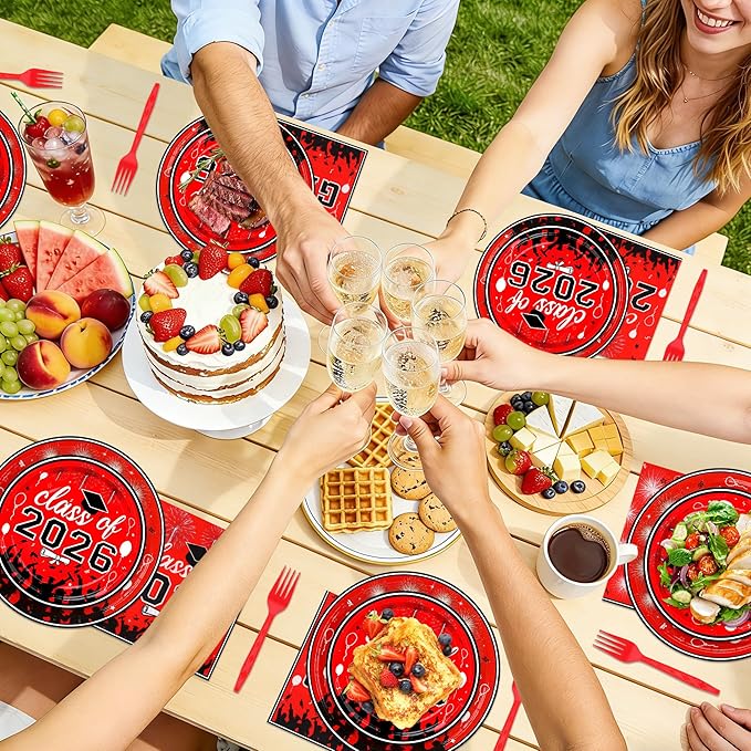 100 Pcs Graduation Plates and Napkins, 2026 Red Black Graduation Disposable Plates and Napkins Party Supplies Set Serves 25, Red Black Disposable Dinnerware Set for 2026 Decorations Grad Party