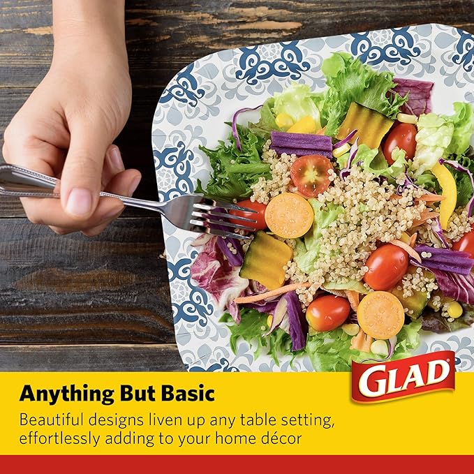 Glad Square Heavy Duty Paper Plates, Soak Proof and Cut Proof Disposable Plates for Parties and Everyday Meals, Microwaveable for Easy Serving, Blue Victorian Pattern, 10 Inch, 50 Count
