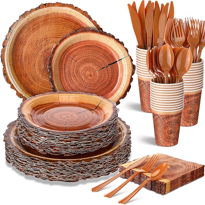 FillTouch 350 Pcs Camping Wood Grain Slice Party Supplies Set Rustic Camo Hunter Disposable Paper Plates Napkins Cups Cutlery Hunting Knives Fork Spoon for 50 Guests Camping Party Baby Shower Birthday