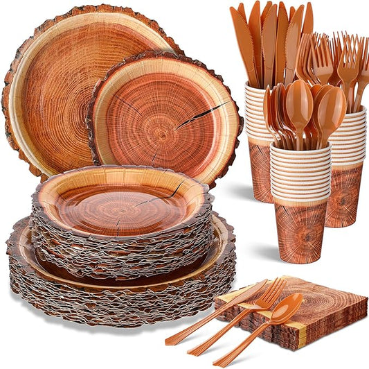 FillTouch 350 Pcs Camping Wood Grain Slice Party Supplies Set Rustic Camo Hunter Disposable Paper Plates Napkins Cups Cutlery Hunting Knives Fork Spoon for 50 Guests Camping Party Baby Shower Birthday