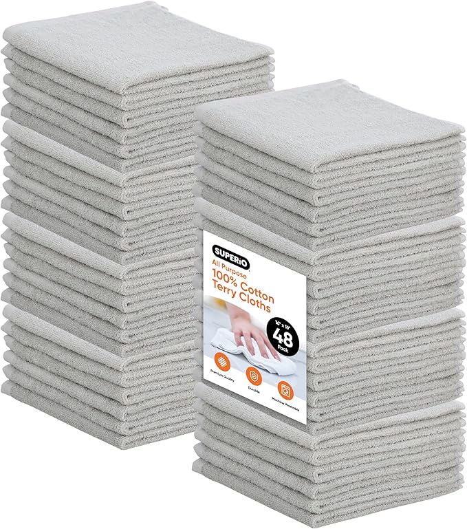 Superio Cotton Terry Washcloths Grey Towels 100% Cotton Cleaning Cloth 16" Rags Wash Clothes for Body and Face, Spa Towels, Multi Purpose (16"x16"), 48 Pack