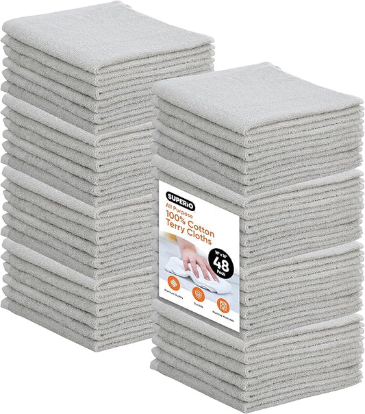 Superio Cotton Terry Washcloths Grey Towels 100% Cotton Cleaning Cloth 16" Rags Wash Clothes for Body and Face, Spa Towels, Multi Purpose (16"x16"), 48 Pack
